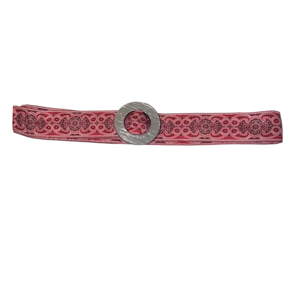 Womens Pink Cloth Belt Faux Abalone Mother of Pearl Round Resin Buckle Boho
